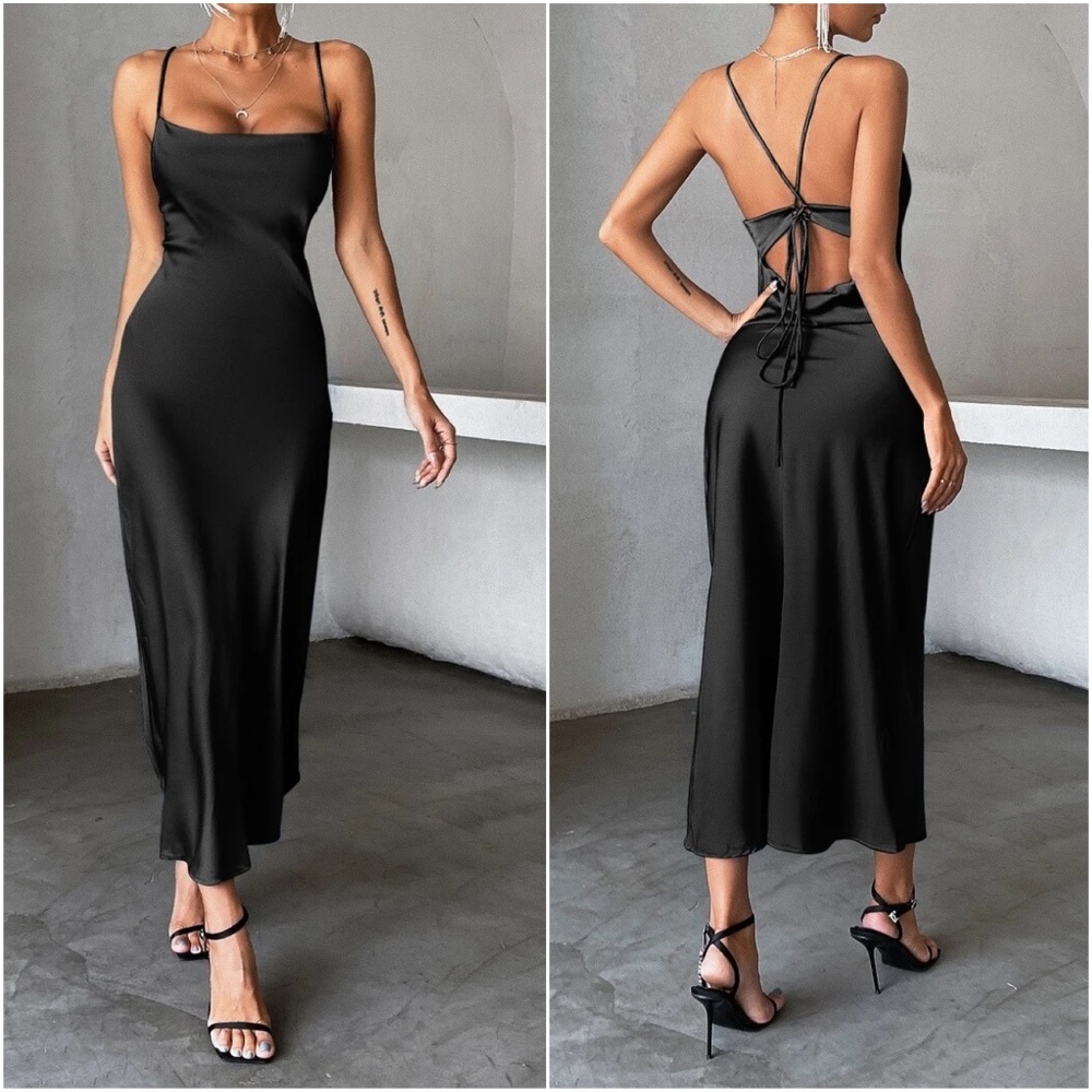 Luxe Satin Lace up back Backless Party Evening Dress - Picture 2 of 9